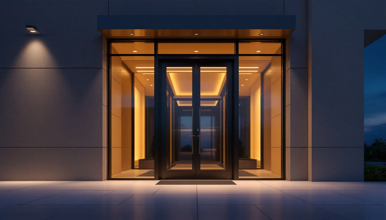 Modern commercial entrance door with dark metal frame and glass panel at dusk