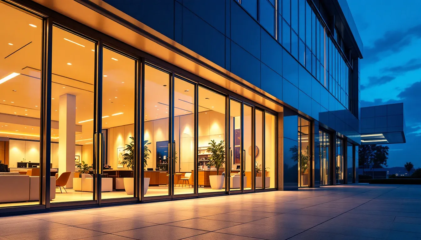 Modern automatic sliding glass doors on a commercial building at dusk