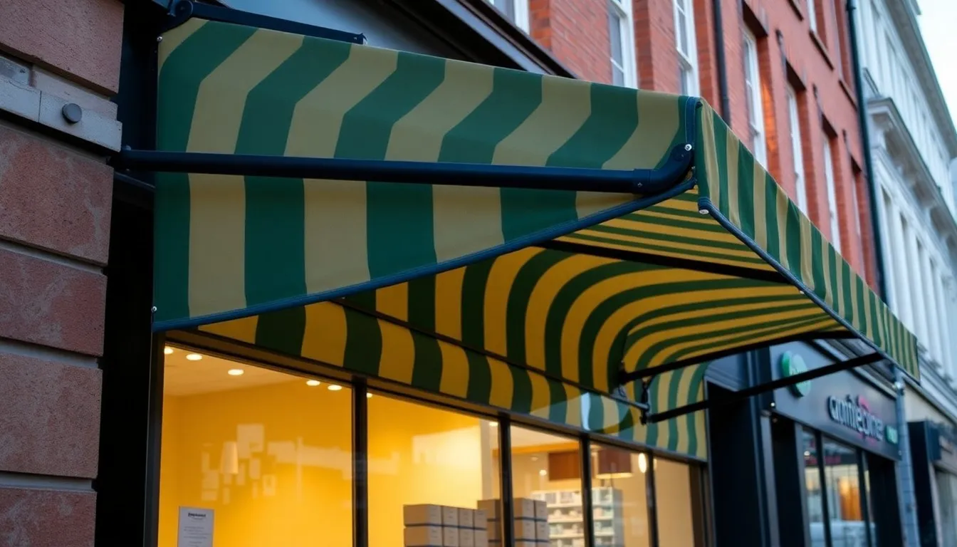 Retractable green and cream striped fabric awning extended over a shopfront storefront at dusk
