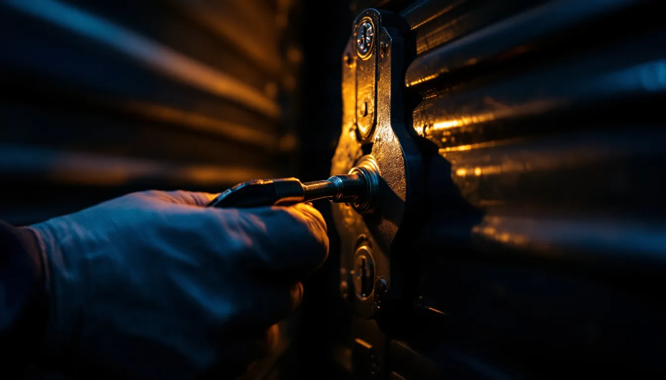 Locksmith working on a jammed roller shutter lock mechanism at night
