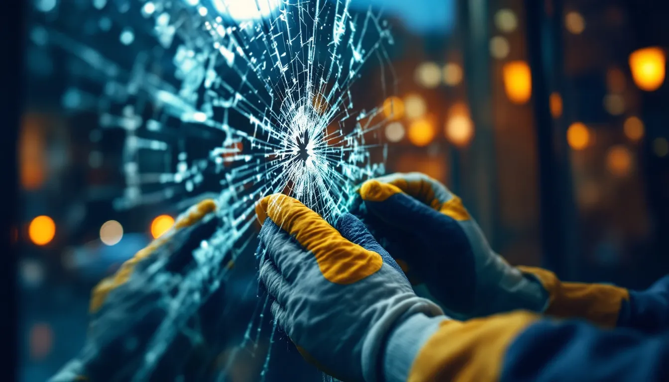 Technician replacing a cracked glass pane in a commercial shopfront door