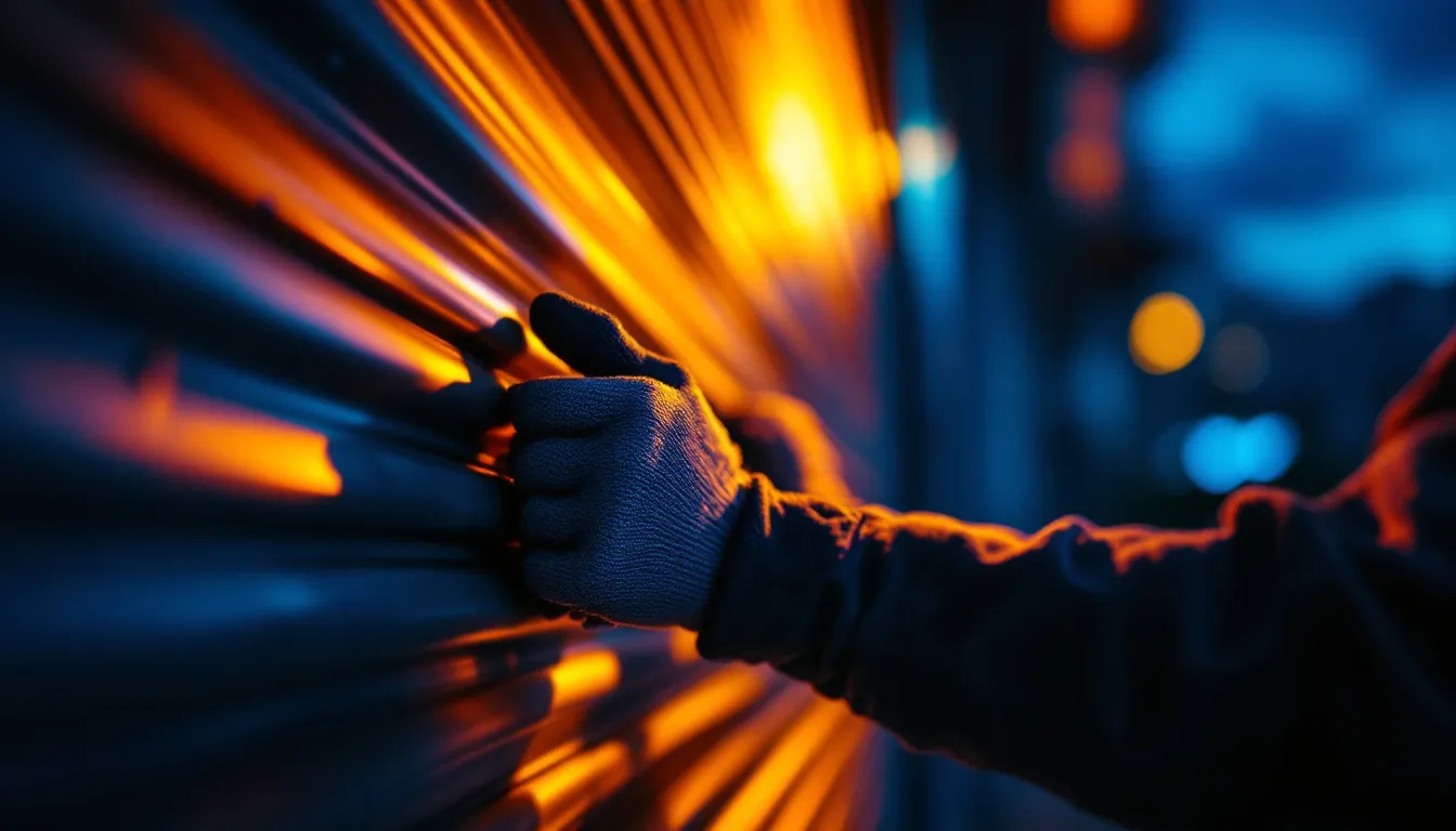 Technician securing a roller shutter mechanism at night