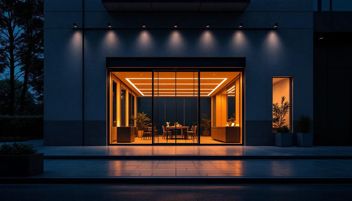 Modern automatic sliding glass entrance lit at dusk
