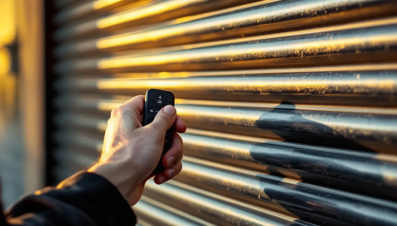 Hand holding a remote control fob in front of a closed metal roller shutter