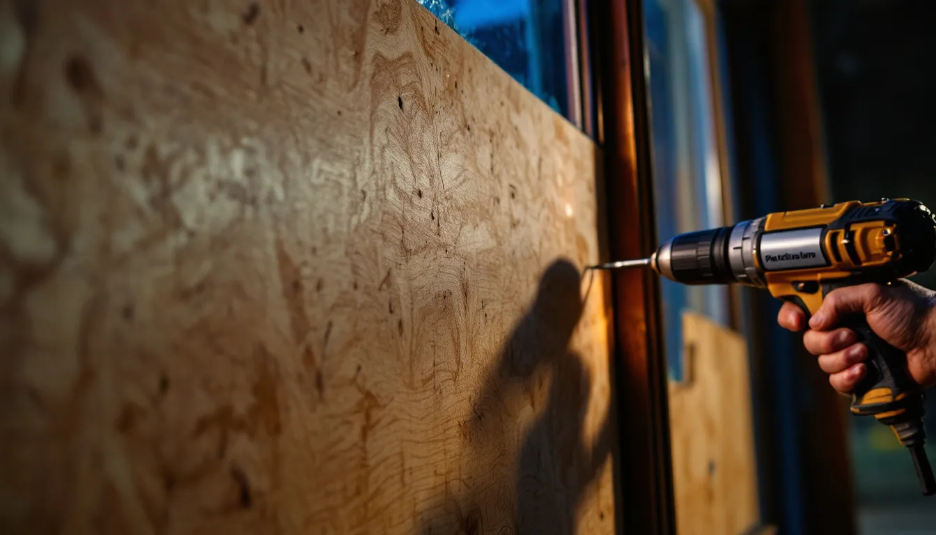 Plywood board being secured over a broken commercial window frame
