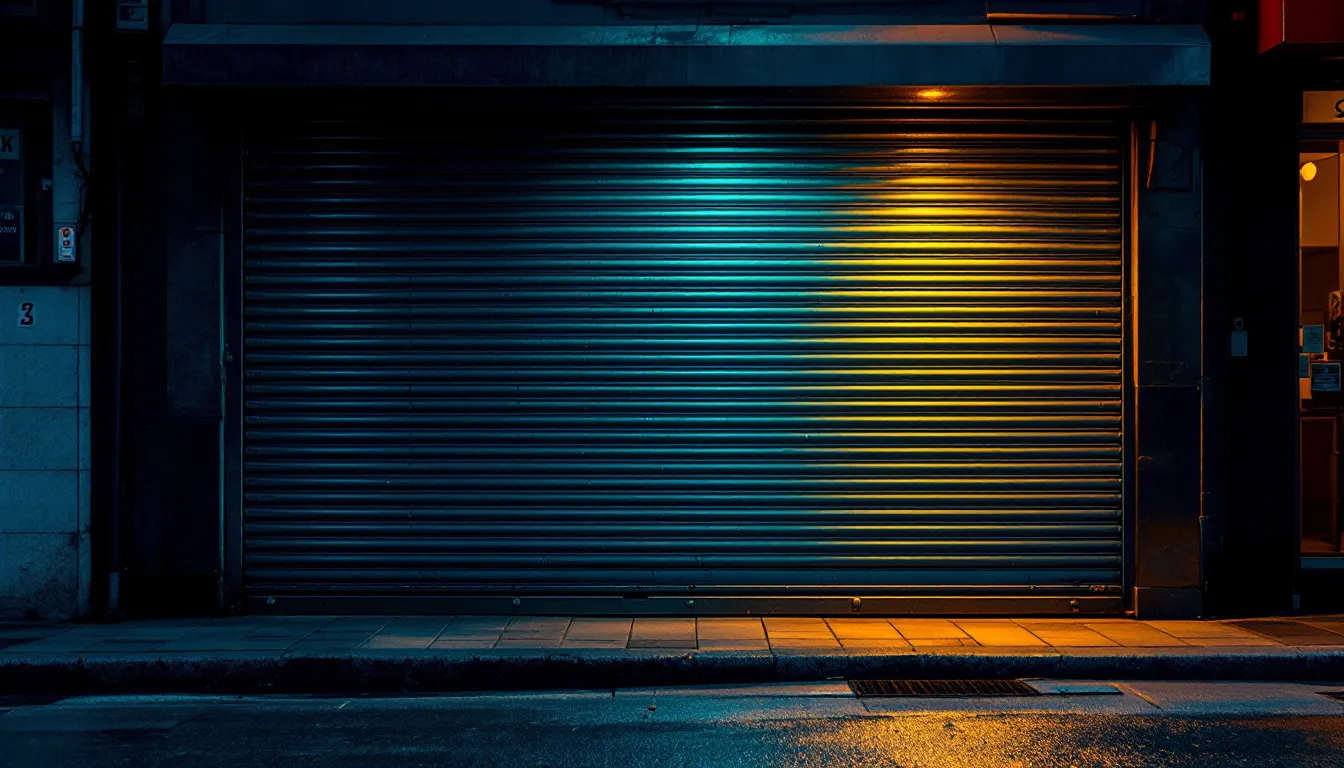 Closed corrugated metal security roller shutter on a commercial shopfront at dusk