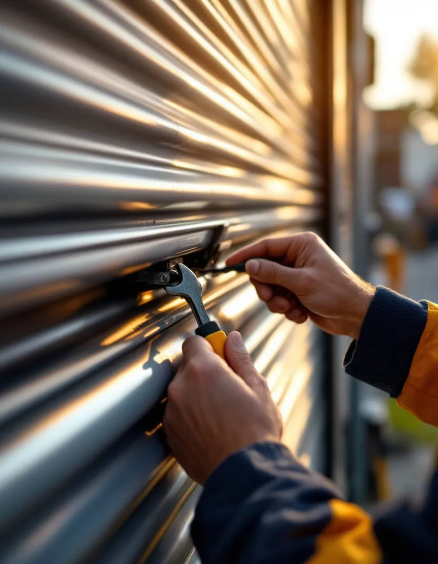 Engineer's hands adjusting a security roller shutter mechanism